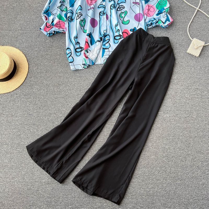 Ensemble deux pièces chemise imprimée et pantalon large pour femme_voghion.com