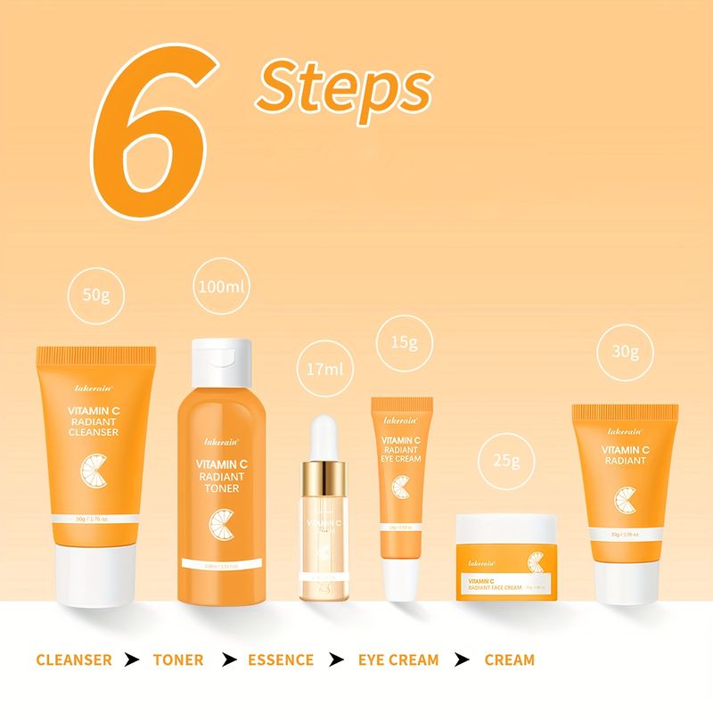 Conjunto de cuidados com a pele com vitamina C, kit completo de cuidados faciais 6 em 1 com limpador, sérum, creme, tônico, creme para os olhos e protetor solar -_voghion.com