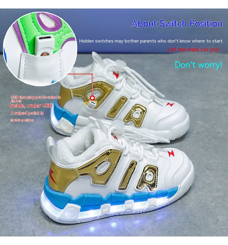 Plüsch-Ladeschuhe, bunte leuchtende Baumwollschuhe, feste Sohlen, Nachtleuchtend, Jungen und Mädchen, mit Lichtern,_voghion.com