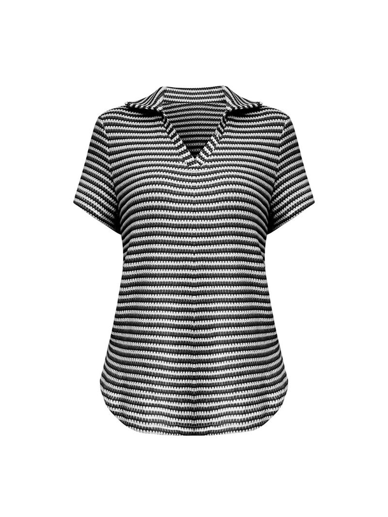 Maglietta a righe semplice da donna, estiva, comoda, ampia, con colletto polo, lavorata a maglia con scollo a V profondo_voghion.com