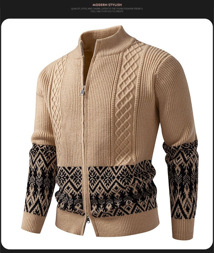 Men's Chunky Knit Cardigan Sweater With Half-Turtle Neck, Casual Open Front Coat For Autumn Winter, Fashionable Loose Fit Cable Knit Pullover_voghion.com