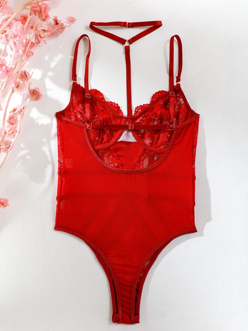 Damenbekleidung Außenhandel 2023 Neue sexy Dessous Sexy durchsichtiger, geraffter, schmaler Neckholder, rückenfreier Einteiler M2908_voghion.com