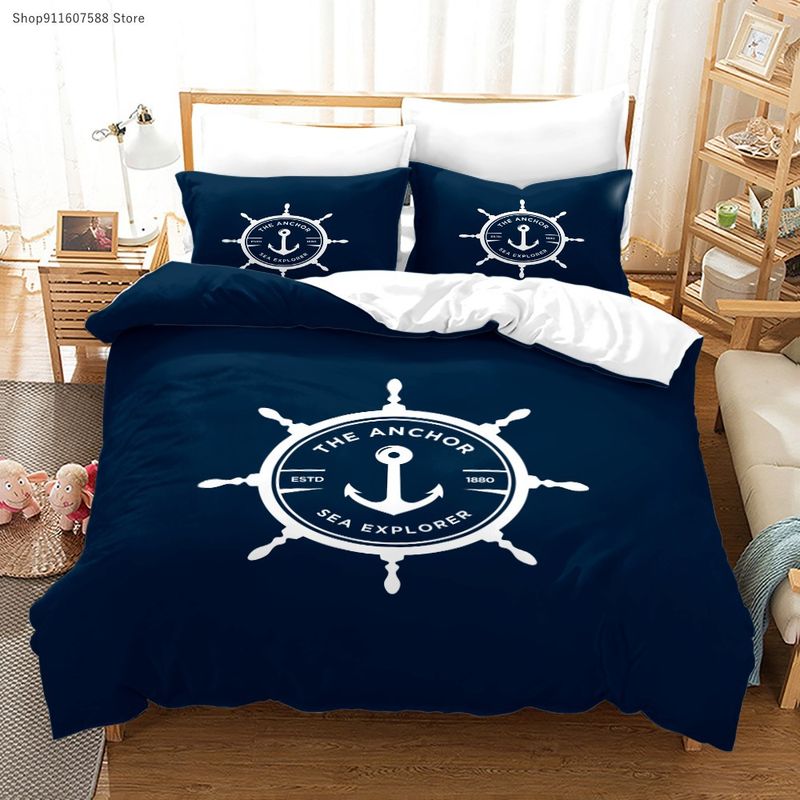 Anker und weiße Streifen 3D gedruckt Marineblau Quilt dreiteiliges Bettwäsche-Set individuell_voghion.com