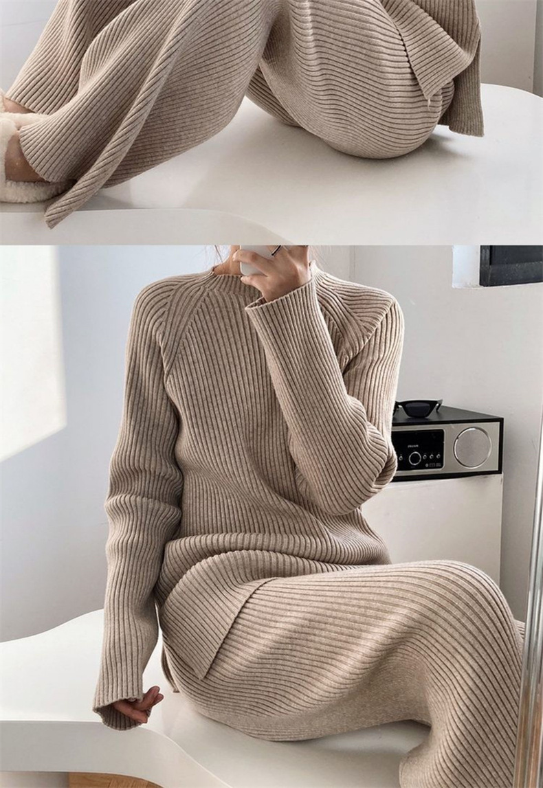Women's Solid Color Slit Knit Sweater & Wide Leg Pants Set - Casual Fall Outfit, Comfortable Loungewear, Versatile Matching Coord_voghion.com
