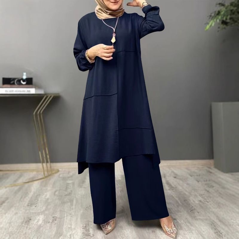Elegantes muslimisches Zweiteiler-Set mit langärmliger Bluse und weiten Hosen – schlichte Mode für Damen (Khaki, Oliv, Marineblau, Wassermelone)_voghion.com