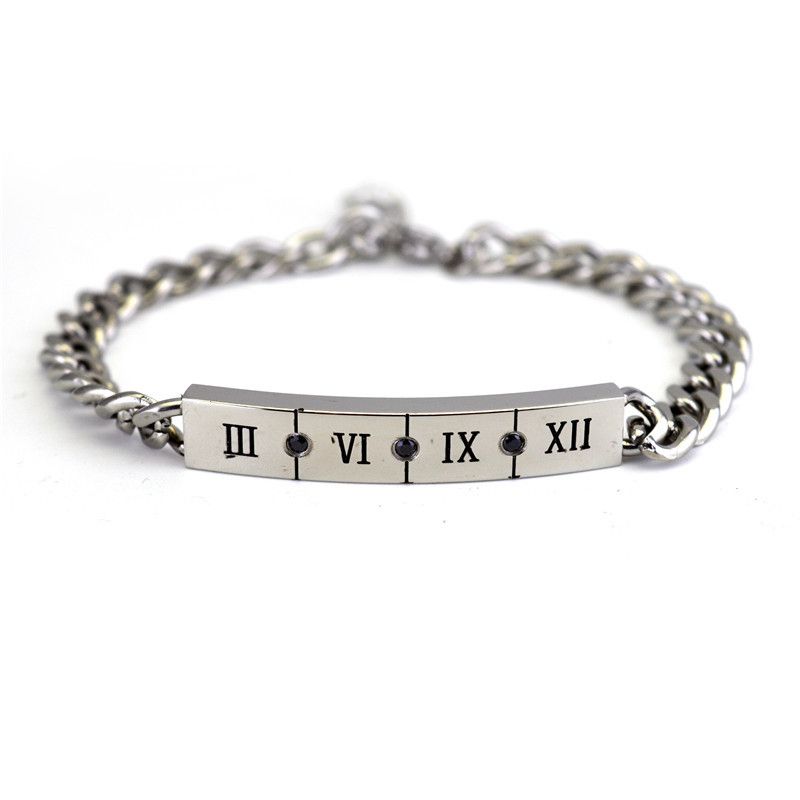 Braccialetti di coppia con numeri romani, da uomo e da donna, in acciaio al titanio, con diamanti intarsiati, gioielli da mano B015_voghion.com