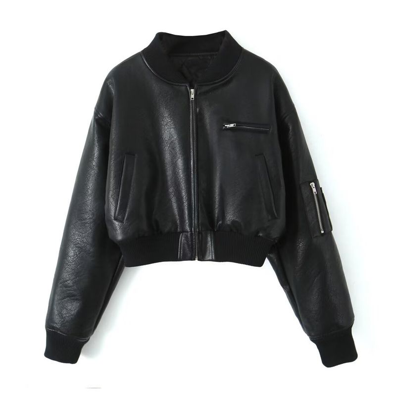 Amerikanische Reißverschlussjacke für Damen, neue Winterkollektion mit wärmender Baumwolle, lockerer Langarmmantel aus PU-Leder,_voghion.com