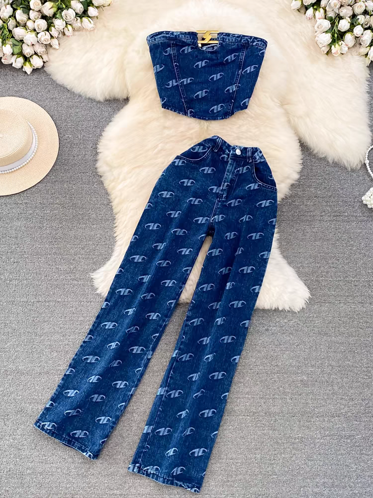 Damenbekleidung Modischer Anzug für Damen, Retro-Temperament, Jeansweste mit Tube-Top, zweiteiliges Set, lässige, schmale, gerade Hose mit hoher Taille_voghion.com