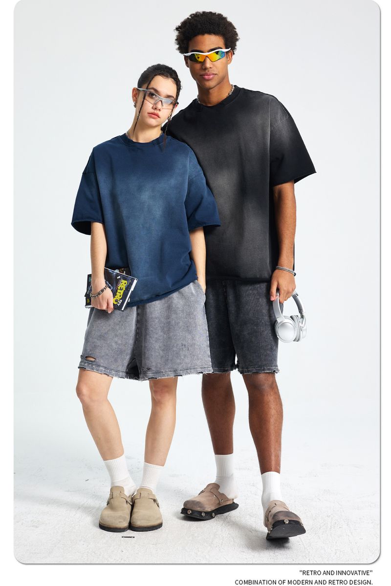 Amerikaanse stijl Gebroken kraag Losse rand Spray Dye Oud Retro Waswater Korte mouwen T-shirt Heren_voghion.com