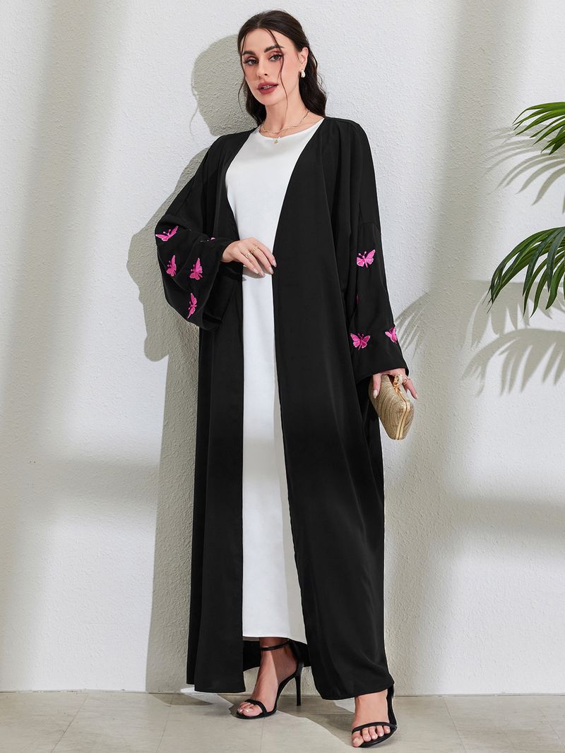 Abito lungo elegante da donna con tasca, cardigan aperto con farfalla ricamata, moda musulmana, tessuto in poliestere per il Medio Oriente_voghion.com