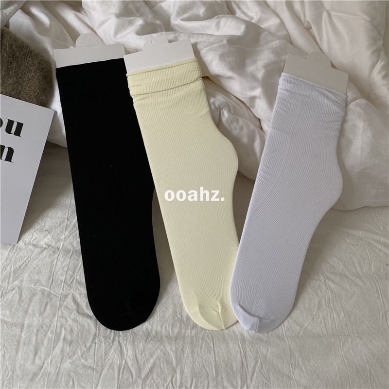 Stacked Summer Thin Mid-Calf Solid Color Candy Ice Women's Velvet Long Tube Student Socks_voghion.com
