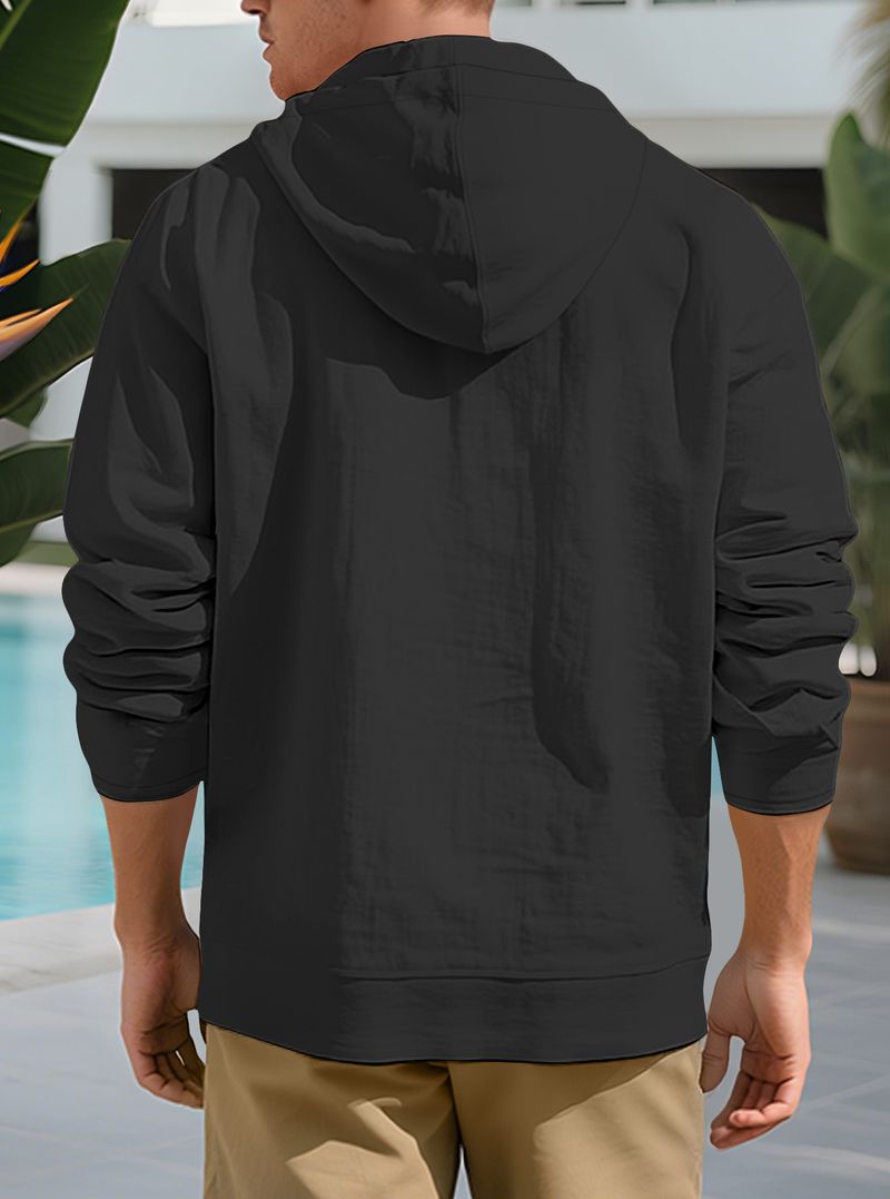 Camicia da uomo con bottoni, casual, ampia, in lino, semplice, con cappuccio, a maniche lunghe, primaverile e autunnale_voghion.com