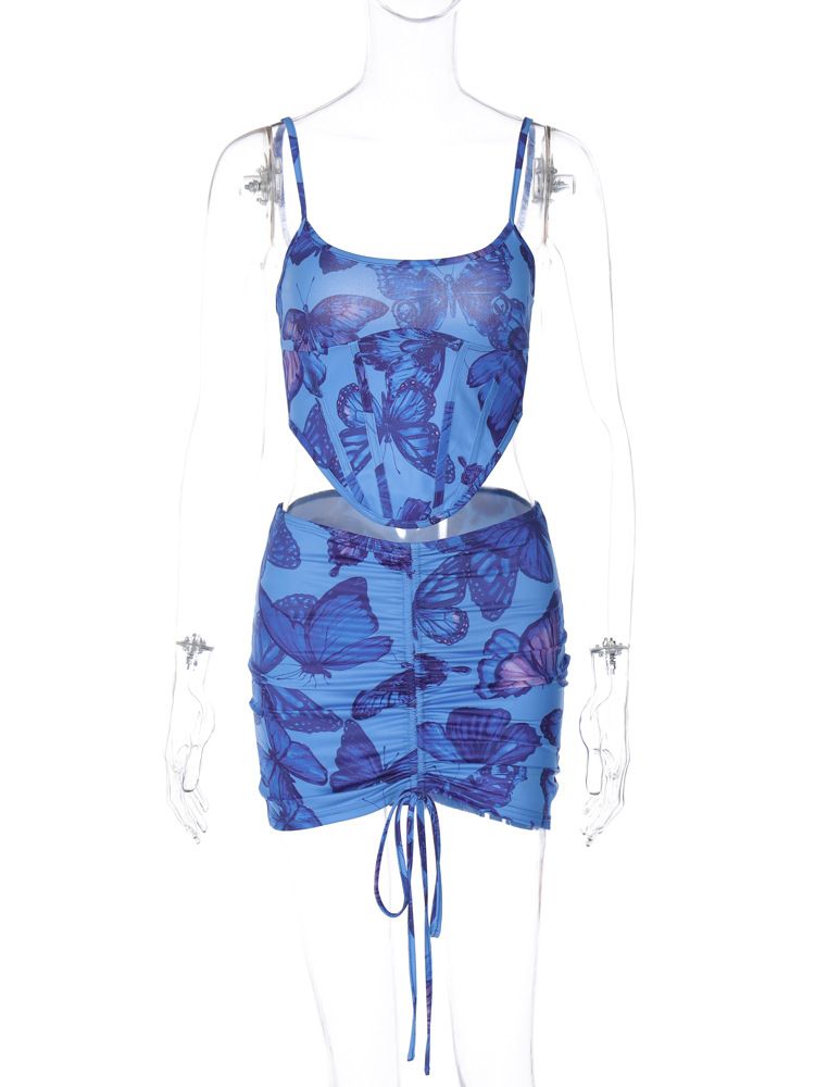 Women's 2023 summer new product sexy backless camisole top slim fit drawstring skirt set wholesale_voghion.com
