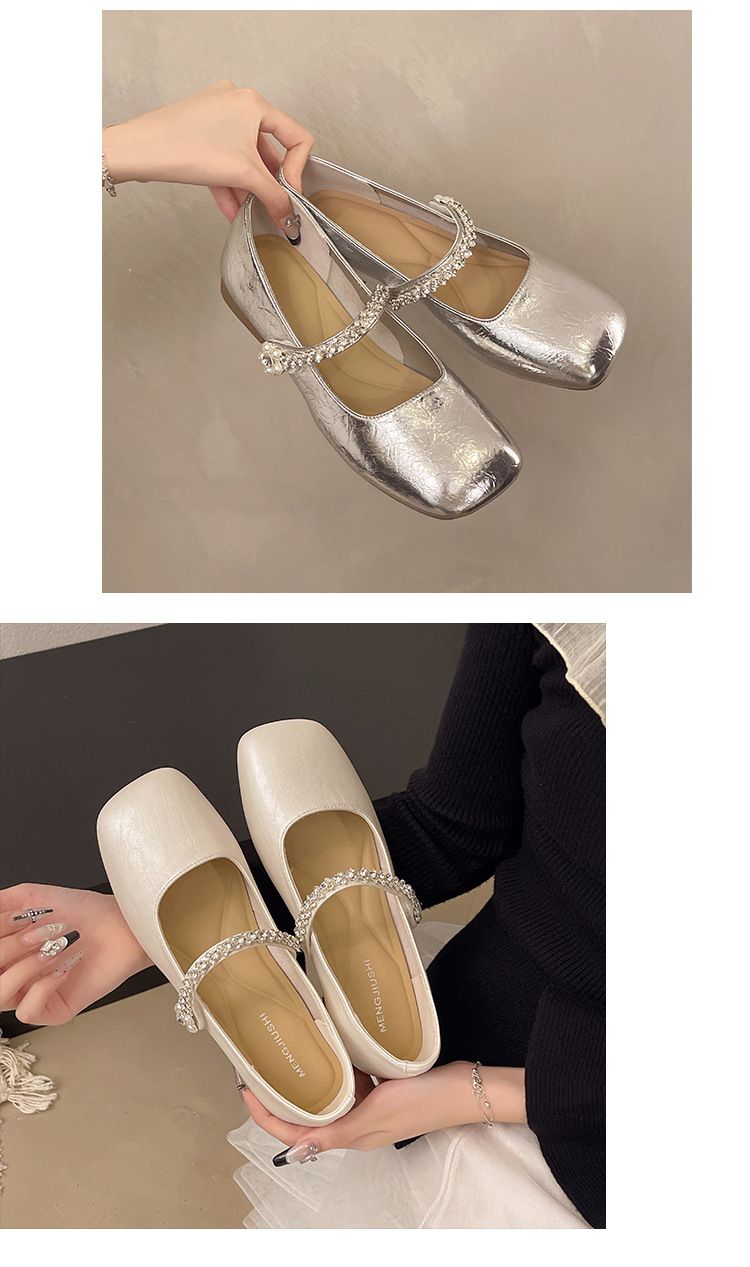 Französische silberne Einzelschuhe, der Sommerrock der Damen ist wunderschön, der flache Boden ist nicht müde, Mary Jane kleine Lederschuhe am Abend_voghion.com