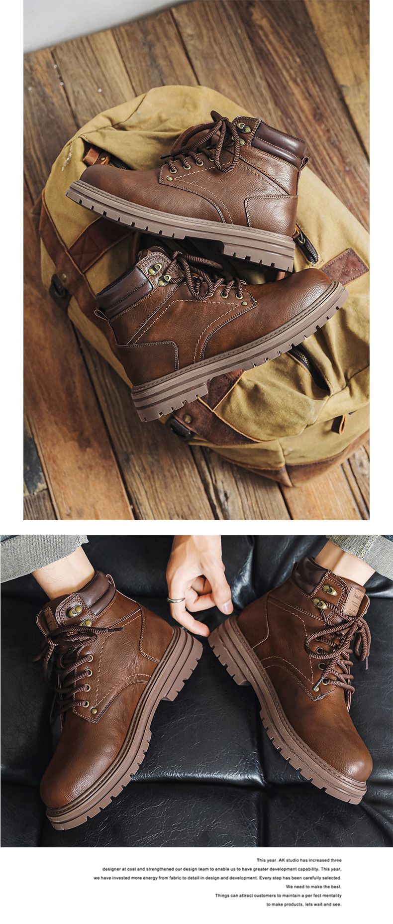 Men's Retro Tooling Boots High-top Short Boots Thick-soled Heightening Martin Boots American Retro Leather Boots_voghion.com