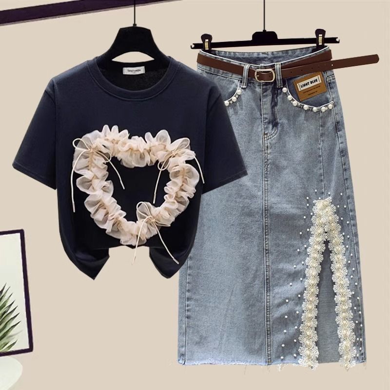 Damen Moud Short-sleeved Top Split Denim Rock Zwee-Stéck Set (Gürtel net abegraff)_voghion.com