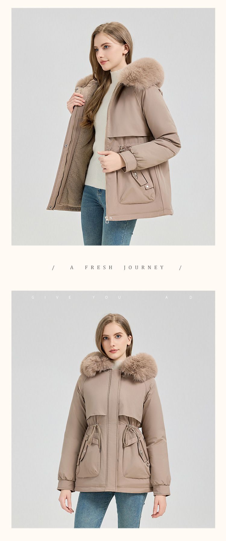„Übergroßer gesteppter Parka mit abnehmbarem Kunstpelzbesatz – straßentauglicher Kokonmantel (Khaki/Creme/Mokka/Schwarz/Oliv, M-XXXL_voghion.com
