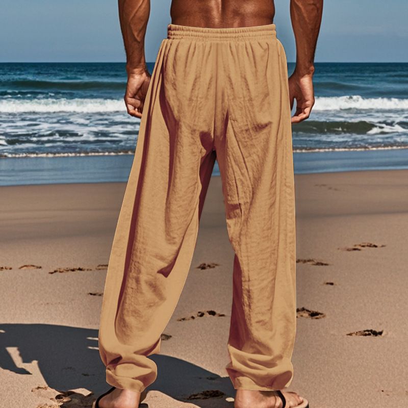 Neue Herrenhose aus Baumwolle und Leinen in Übergröße mit lockerer, einfarbiger, lässiger Schnürhose_voghion.com