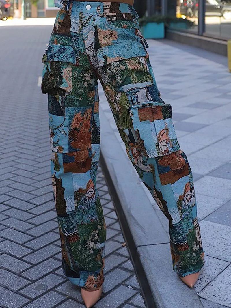 Women's Casual Cargo Pants With Jacquard Design, Multi-Pocket Retro Streetwear Trousers For Fashionable Outfits_voghion.com