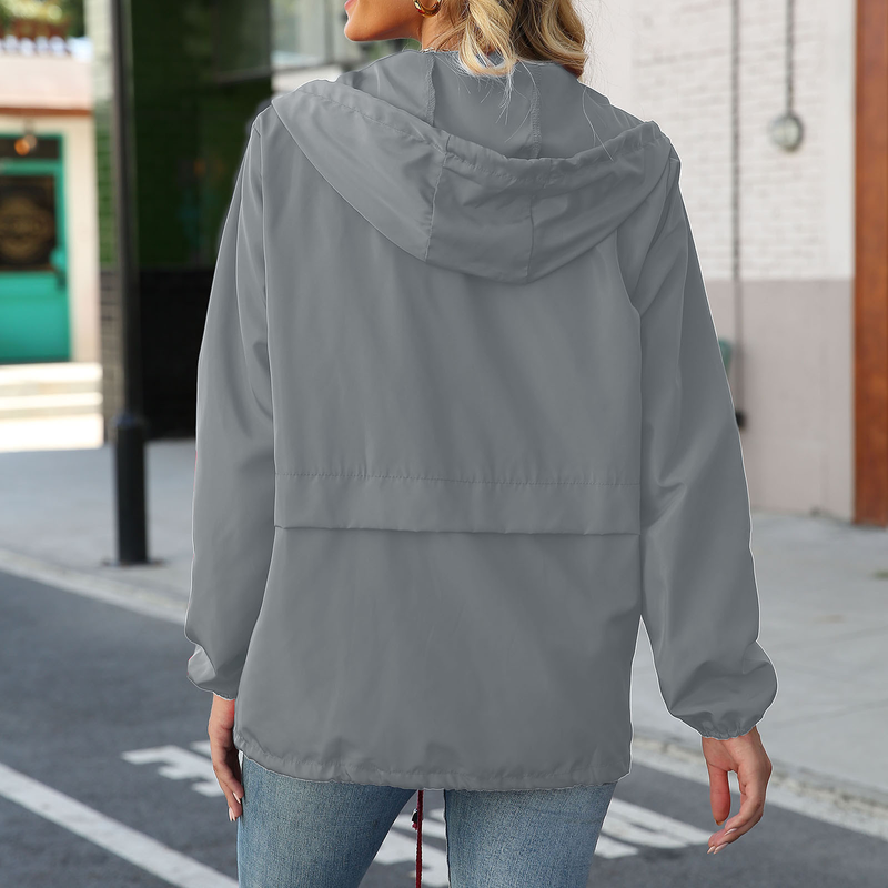 Mode damer i enfärgade långärmad vindjacka utomhusjackor Regnjacka med huva vindtät kappa Ytterkläder_voghion.com