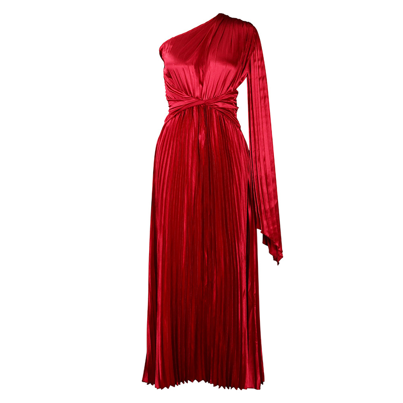 women's clothing new one-shoulder pleated long skirt oblique collar waist dress _voghion.com