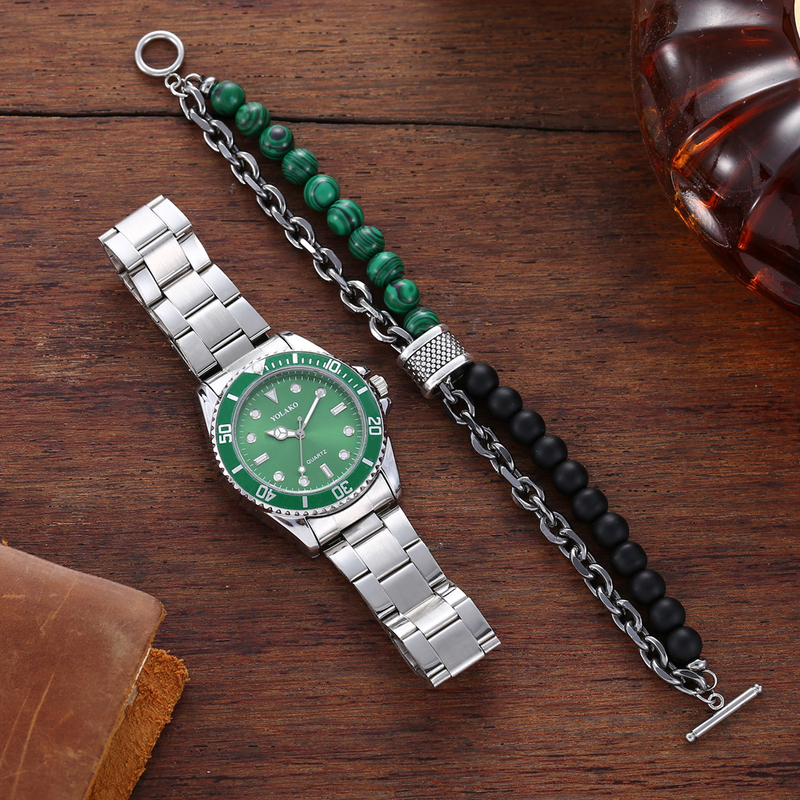 Luminous Water Ghost Business Non Mechanical Fashion Steel Belt Calendar Quartz Watch + Bracelet (2pcs/set)_voghion.com
