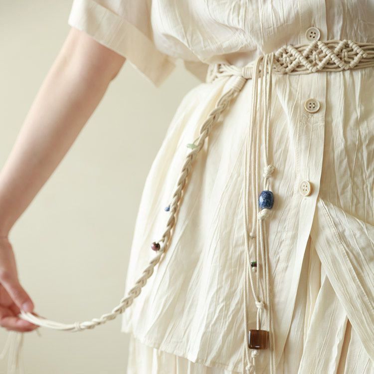 Ceinture en corde de coton tissée à la main, style ethnique, décontractée, avec pompon et perles, pour femme, simple et polyvalente, pour l'été_voghion.com