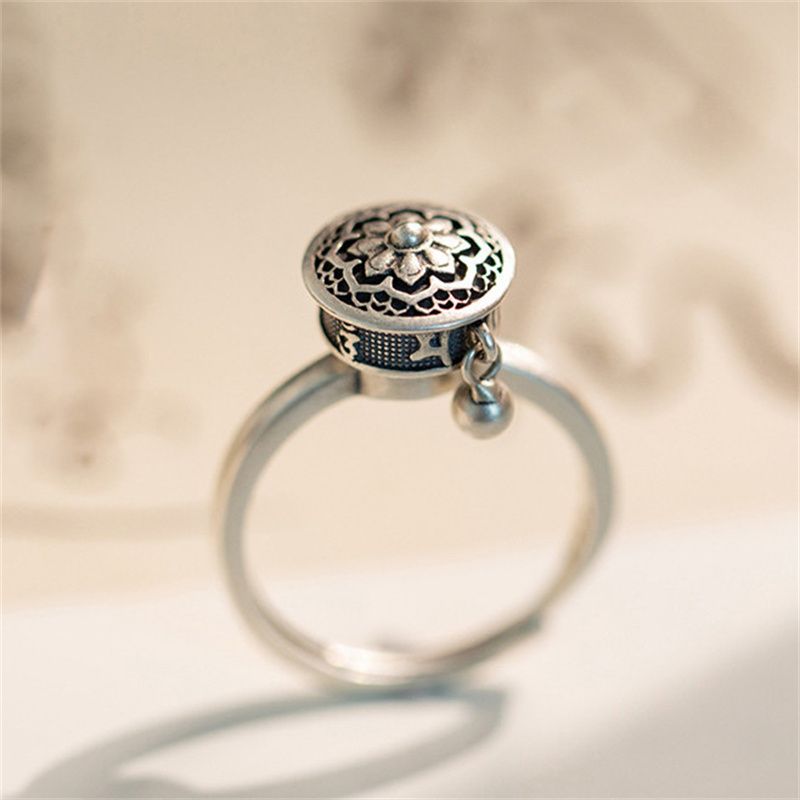 Modni retro budistički šestoliki Sveto pismo okretanje Sutra kotača za muškarce nakit etničko zvono lotosov prsten Sier žene bijou_voghion.com