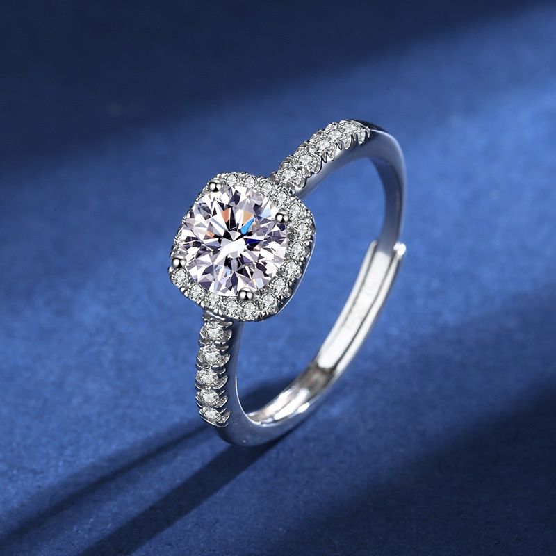 Mosang Ring Women's D Color 1 Carat Micro Set Square Bag High Carbon Stone S Silver Plated Platinum Couple Adjustable_voghion.com