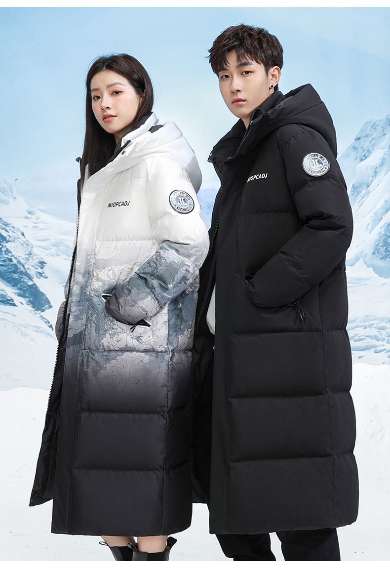 Winter Neue Schneeberg Farbverlauf Verdickte Warme Lange Lockere Kapuzenjacke Für Männer Und Frauen Passende Weiße Entendaunenjacke_voghion.com