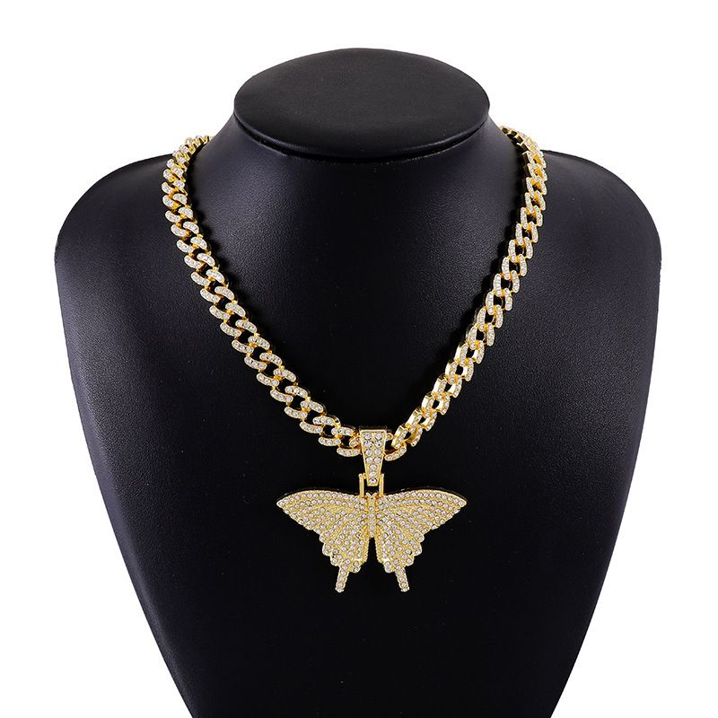 Street Hip-Hop Rhinestone Butterfly Hiphop Trendy Couple Cuban Necklace Pendant_voghion.com