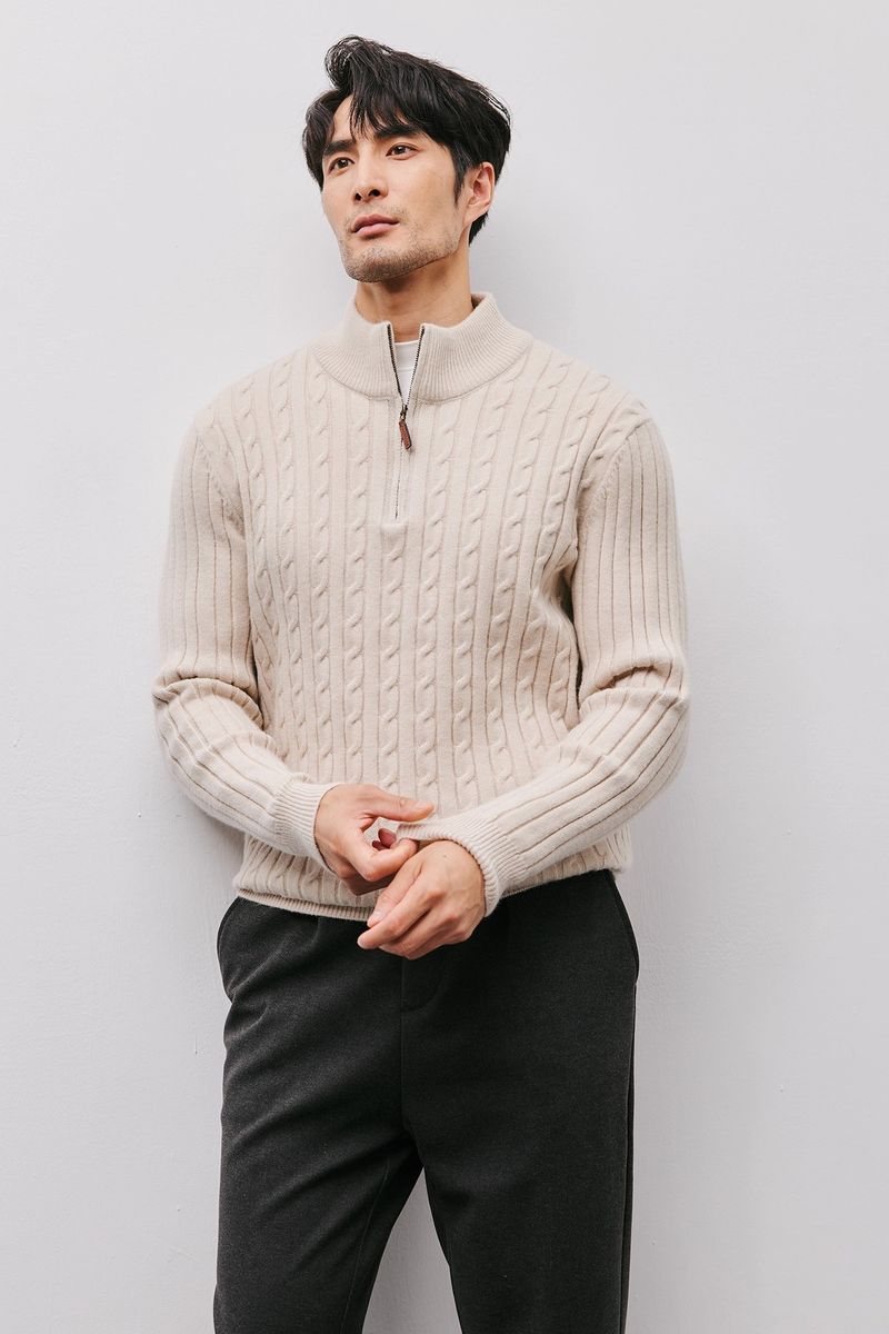 Strickpullover mit halbem Reißverschluss für Herren, Zopfmuster-Stehkragen, Oberbekleidung für Herbst und Winter, leichter Stil, Business Casual_voghion.com