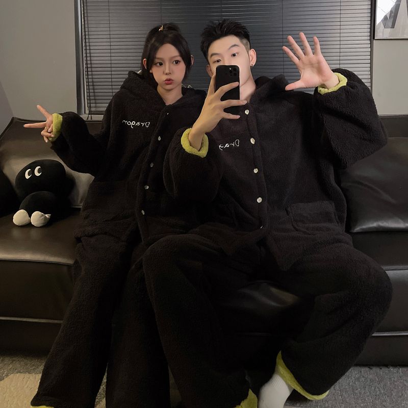 Toothless Couple Little Monster Long Winter Pajamas Cute Cartoon Plus Plush Thick Home Clothes Women's Set_voghion.com