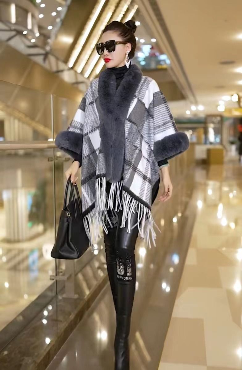 Cappotto maglione cardigan da donna di grandi dimensioni con colletto in lana scozzese sciolto con nappe lavorate a maglia, mantella con scialle_voghion.com
