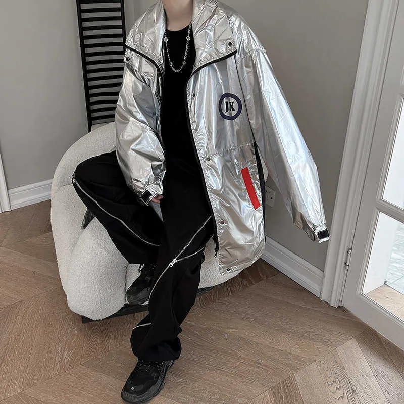 Men's Autumn Sier Faux Leather Trench Loose Motorcycle Shiny Surface PU Windbreaker Men Oversized Long Coat with Big_voghion.com