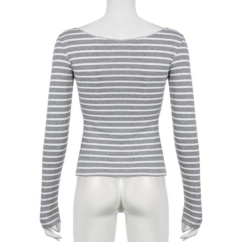 Gestreiftes, schulterfreies Langarm-Oberteil im Lazy Style Niche-Stil, vielseitiges, leichtes Cover-Up-T-Shirt zum Abnehmen_voghion.com