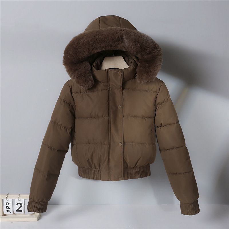 Damenbekleidung Kurze Pufferjacke für Damen – Übergroßer Wintermantel mit Kapuze (Weiß/Schwarz/Khaki/Braun, M-2XL)_voghion.com