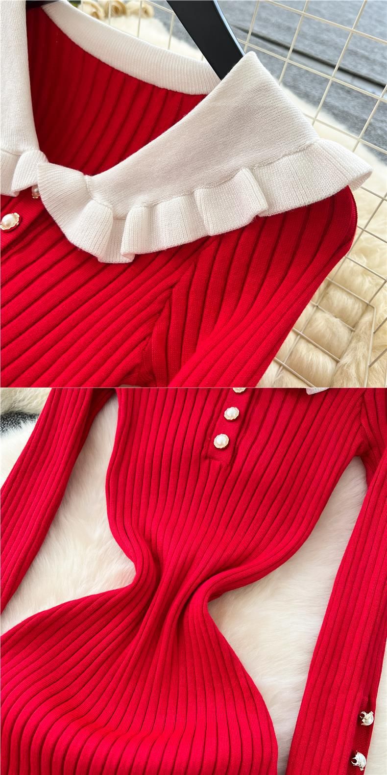 Robe rétro à col Claudine et blocs de couleurs – Robe trapèze taille haute extensible avec ourlet à volants (taille unique, taille élastique, manches longues)_voghion.com
