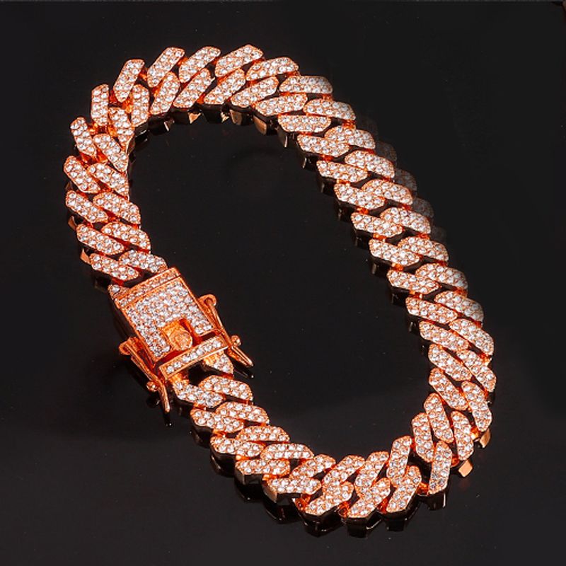 Bracciale a catena cubana con maglie cubane a griffe, stile hip hop, da uomo e da donna, con 2 file di strass, da 13 mm, ghiacciato, con pavé di Miami e rombi._voghion.com