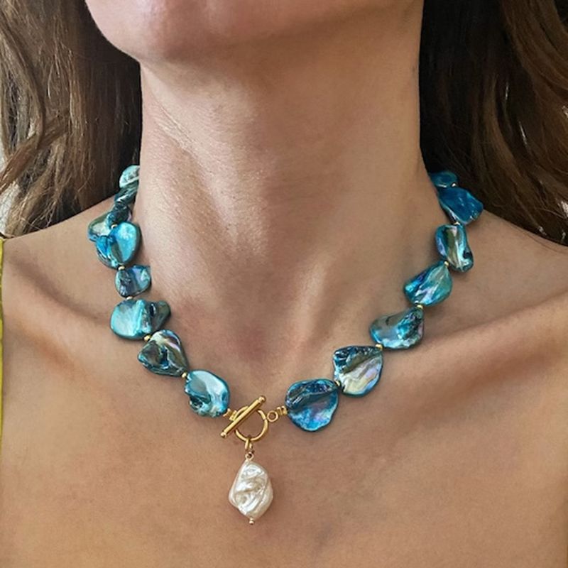 Y2K Trend Hochzäitsfeier Bijouen Blo Muschelblat Choker Halskette Fir Fraen Elegant Wäiss Perlen Anhänger_voghion.com