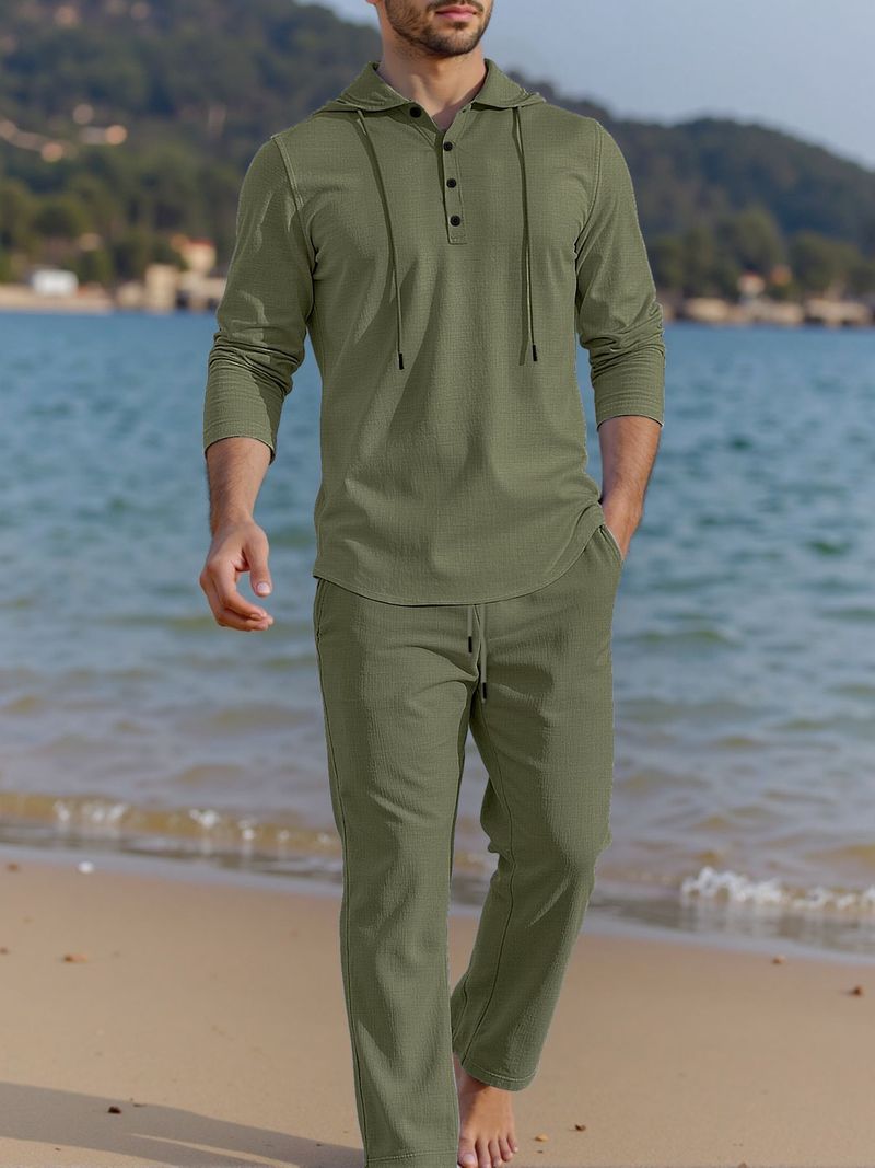 Completo casual da uomo in lino con camicia con cappuccio e bottoni e pantaloni lunghi - Completo traspirante in due pezzi per primavera e autunno_voghion.com
