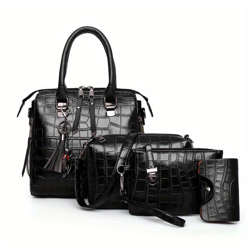 4pcs Pendant Tote Bag Crossbody Bag Card Holder Set, PU Leather Retro Shoulder Bag, Casual Versatile Commuter Bag_voghion.com