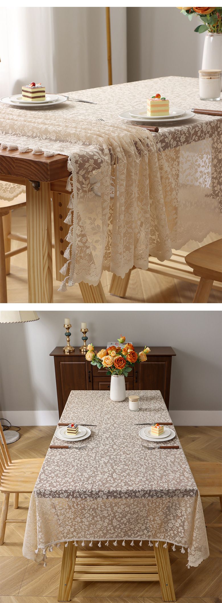 Tischdecke mit Spitzenblumenmuster und Quasten – 130 x 180 cm, rechteckig, Polyestergewebe, rutschfest, für Bauernessen, Fotografie und Teepartys_voghion.com