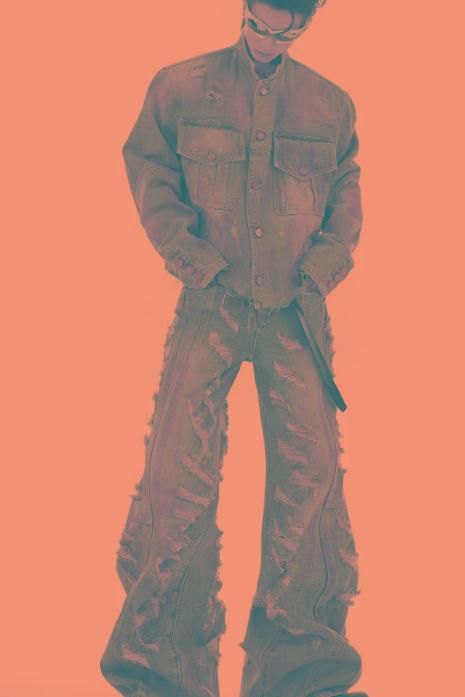 Men's Clothing Niche Retro Wasteland Destruction Denim Jacket Suit Heavyweight Distressed Jacket Flared Jeans Trend_voghion.com
