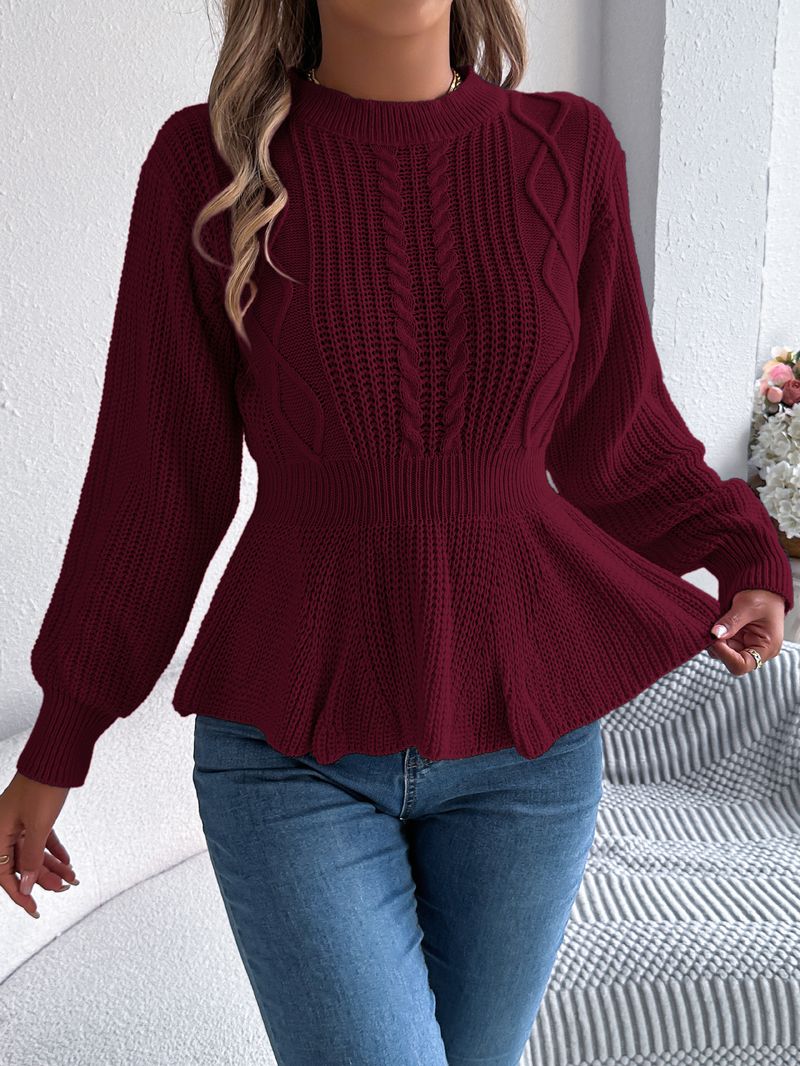 Autumn Winter Solid Color Cable Knit Waist-Cinching Ruffled Long Sleeve Pullover Sweater Women's Fashion_voghion.com