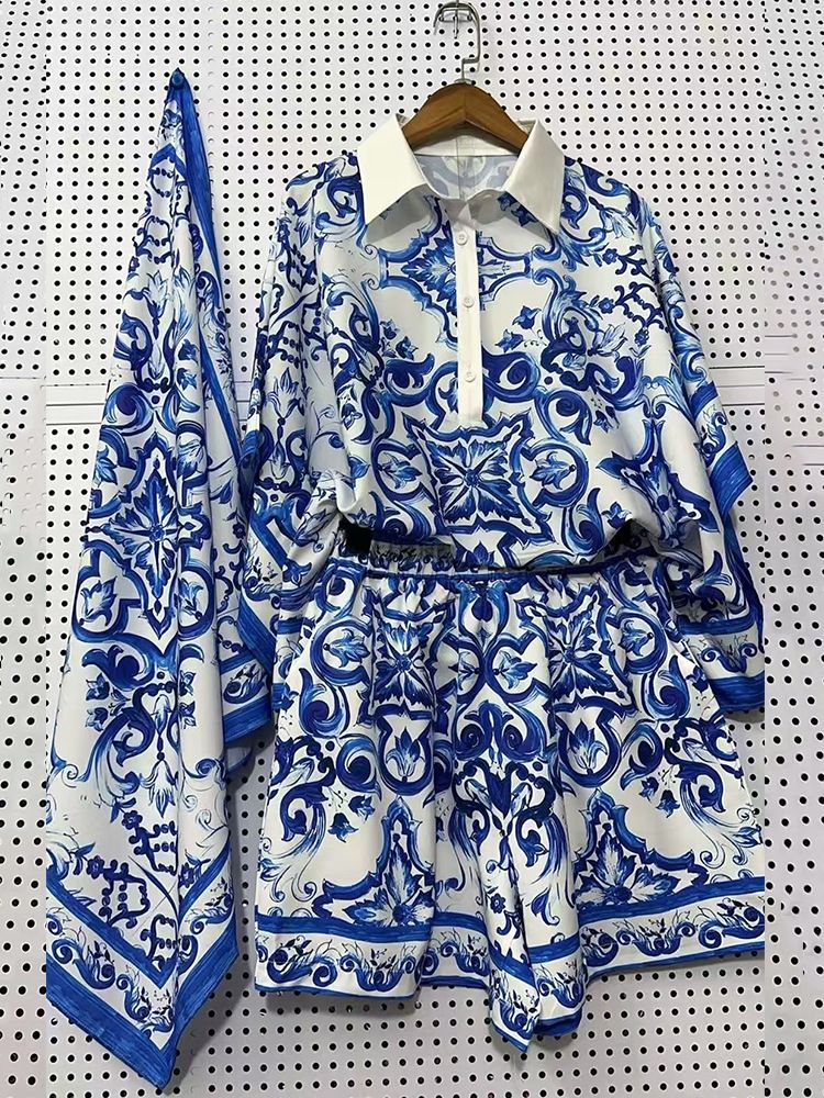 Vêtements pour femmes, pull à revers imprimé géométrique rétro, chemise deux pièces, short à jambes larges, costume à la mode_voghion.com