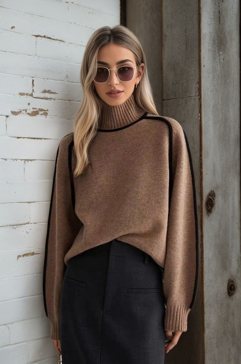 K Fashionable Women's Sweater With Half-high Collar And Raglan Sleeves, Elegant Line, Ribbed Base Knitted Top_voghion.com