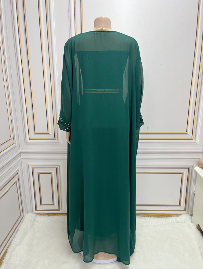 Women's Clothing Middle Eastern Muslim abaya women's light luxury dress suit mesh beading two piece dress robe_voghion.com