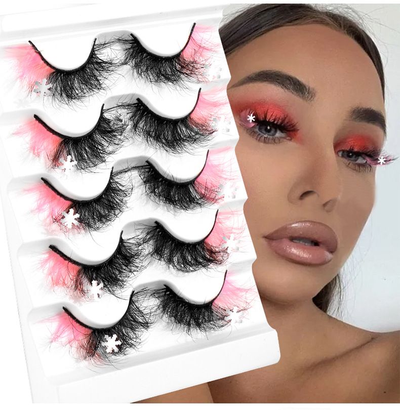 Lash extension set 5 Pairs of colorful high mink hair false eyelashes Christmas eyelashes Snow decorated false eyelashes_voghion.com