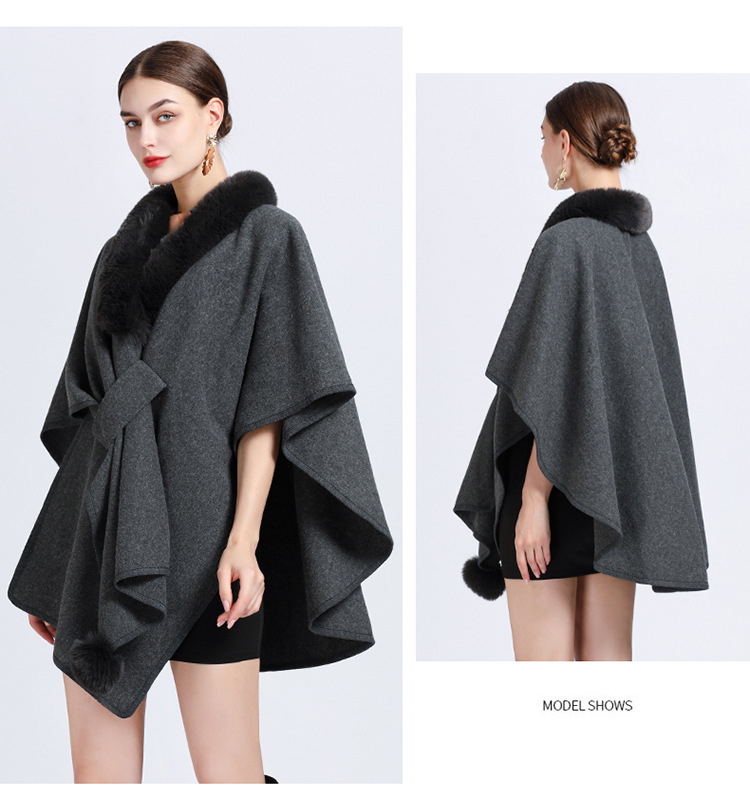 Women's imitation Rex rabbit collar hooded shawl cape large size woolen coat loose cardigan_voghion.com